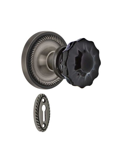 Rope Rosette Mortise Lock Set with Colored Fluted Crystal Glass Knobs Black in Antique Pewter.